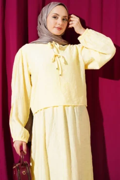 Patterned Tie Detail Skirt Set Yellow all'ingrosso clothing set view 2 - Hicabistan fabbrica Turchia