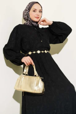 Patterned Tie Detail Skirt Set Black all'ingrosso clothing set view 2 - Hicabistan fabbrica Turchia