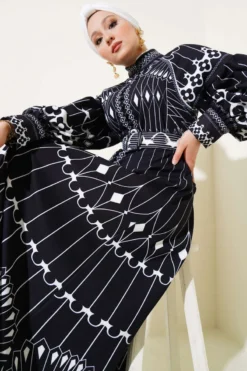 Patterned Balloon Sleeve Long Button Mini Dress Black