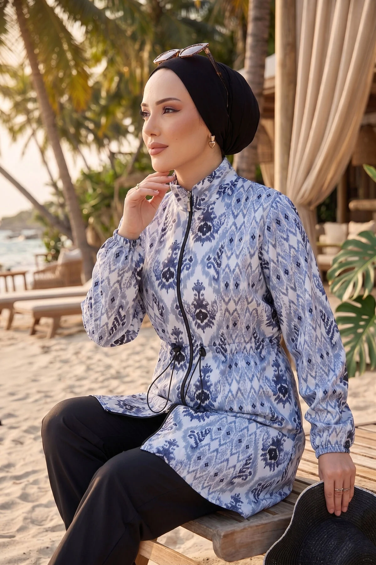 Patterned Adjustable Waist Three-Piece Modest Swimwear Baby Blue - الصورة 2