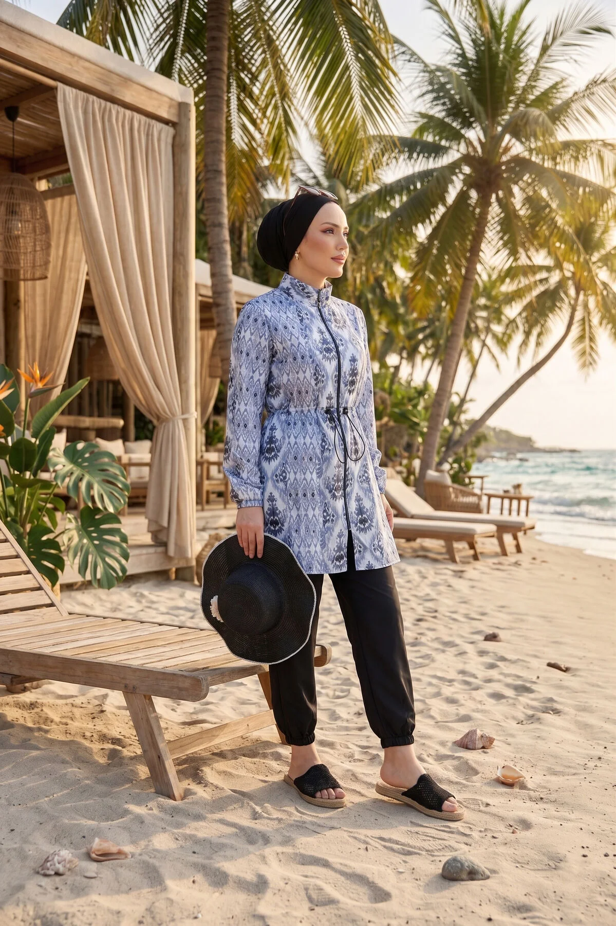 Patterned Adjustable Waist Three-Piece Modest Swimwear Baby Blue - الصورة 3