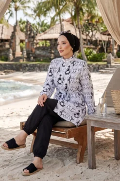 Patterned Adjustable Waist Three-Piece Modest Swimwear White