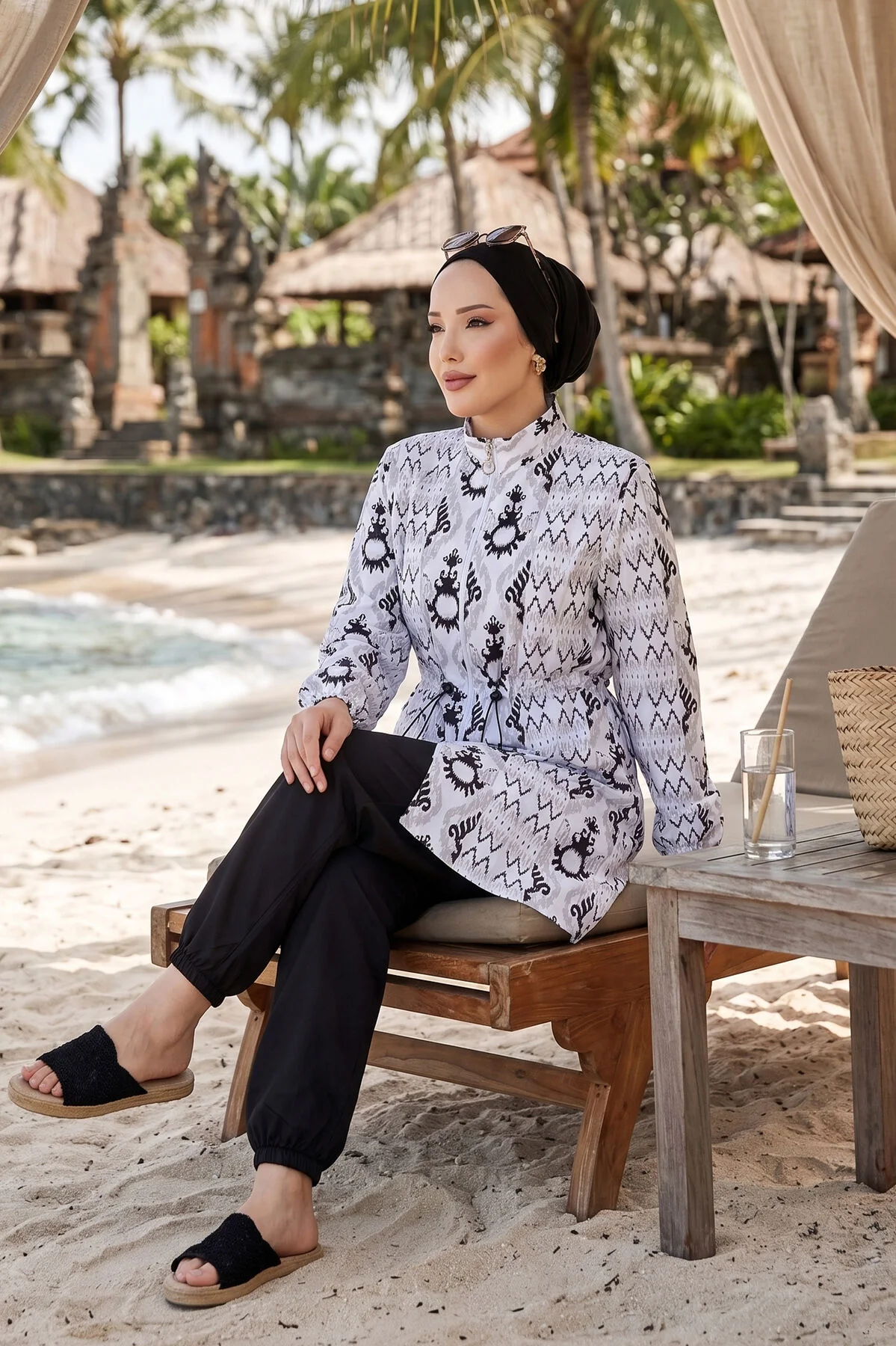 Patterned Adjustable Waist Three-Piece Modest Swimwear White