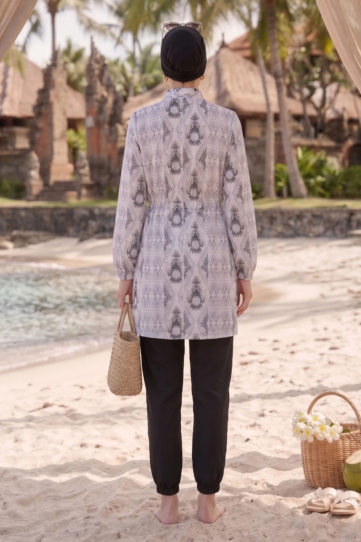 Patterned Adjustable Waist Three-Piece Modest Swimwear White - Image 5