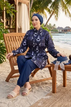 Patterned Adjustable Waist Three-Piece Modest Swimwear Navy Blue