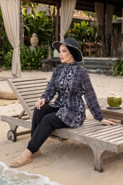 Patterned Adjustable Waist Three-Piece Modest Swimwear Black