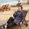 Patterned Adjustable Waist Three-Piece Modest Swimwear Black wholesale burkini view 3 - Hicabistan Turkey factory