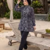 Patterned Adjustable Waist Three-Piece Modest Swimwear Black wholesale burkini view 4 - Hicabistan Turkey factory