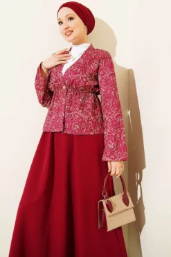 Patterned Waist Detail Skirt Set Burgundy wholesale clothing set view 2 - Hicabistan Turkey factory