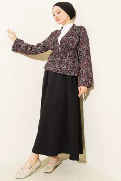 Patterned Waist Detail Skirt Set Black
