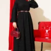Patterned Lace Flared Dress Black en gros dress view 2 - Hicabistan usine Turquie