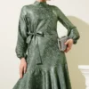 Ruffled Jacquard Dress Khaki wholesale dress view 2 - Hicabistan Turkey factory