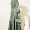 Ruffled Jacquard Dress Khaki wholesale dress view 3 - Hicabistan Turkey factory