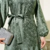Ruffled Jacquard Dress Khaki wholesale dress view 4 - Hicabistan Turkey factory