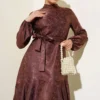Ruffled Jacquard Dress Brown wholesale dress view 2 - Hicabistan Turkey factory