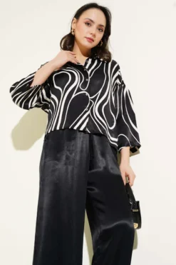Patterned Satin Two-Piece Set Black wholesale clothing set view 2 - Hicabistan Turkey factory