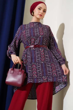Patterned Belted Tunic Set Plum wholesale clothing set view 2 - Hicabistan Turkey factory