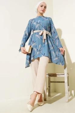 Patterned Belted Tunic Set Indigo