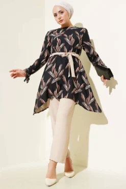 Patterned Belted Tunic Set Black