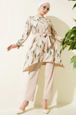 Patterned Belted Tunic Set Green