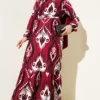 Printed Belted Ruffled Dress Burgundy