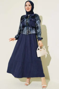 Patterned Satin Blouse Skirt Set Navy Blue