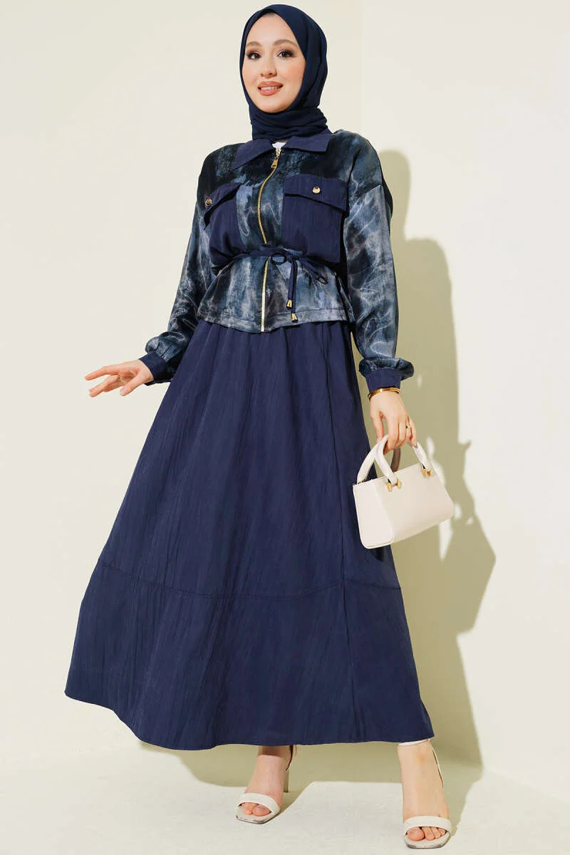 Patterned Satin Blouse Skirt Set Navy Blue wholesale clothing set - Hicabistan Turkey factory