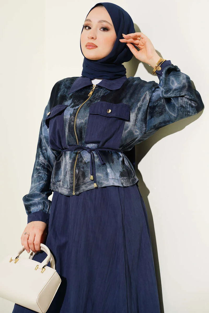 Patterned Satin Blouse Skirt Set Navy Blue wholesale clothing set view 2 - Hicabistan Turkey factory