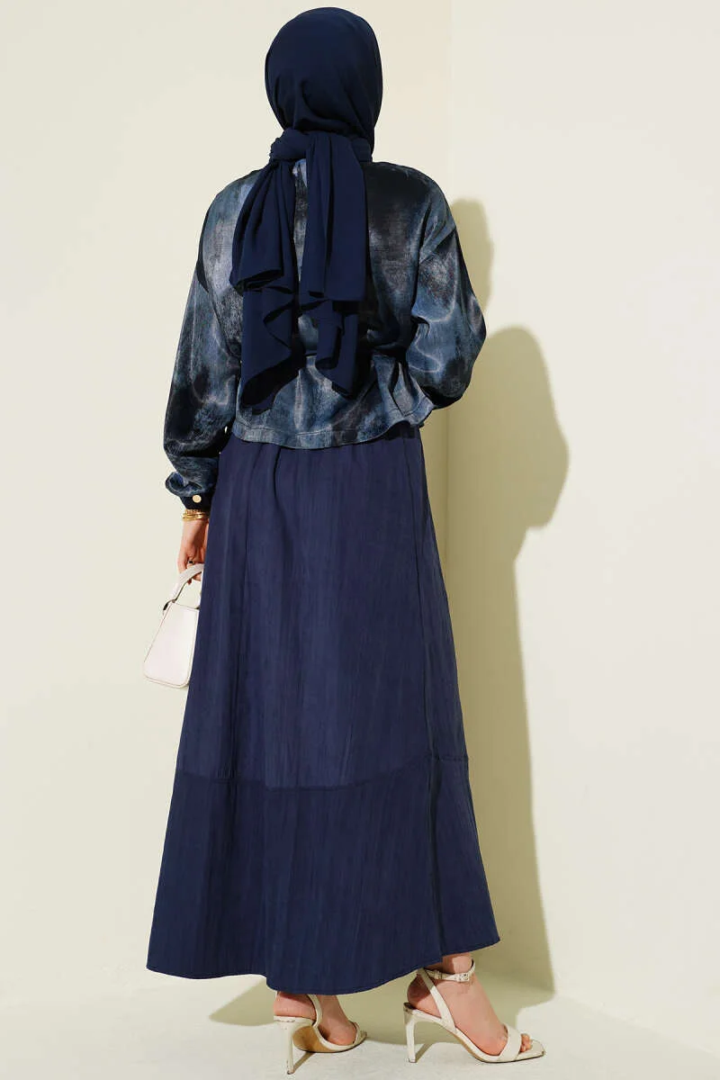 Patterned Satin Blouse Skirt Set Navy Blue wholesale clothing set view 3 - Hicabistan Turkey factory