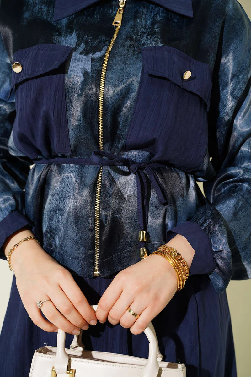 Patterned Satin Blouse Skirt Set Navy Blue wholesale clothing set view 4 - Hicabistan Turkey factory