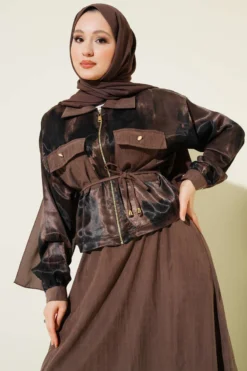 Alternative view of Patterned Satin Blouse Skirt Set Mink