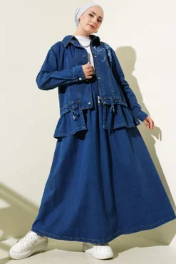Printed Buttoned Skirt Denim Set Navy Blue