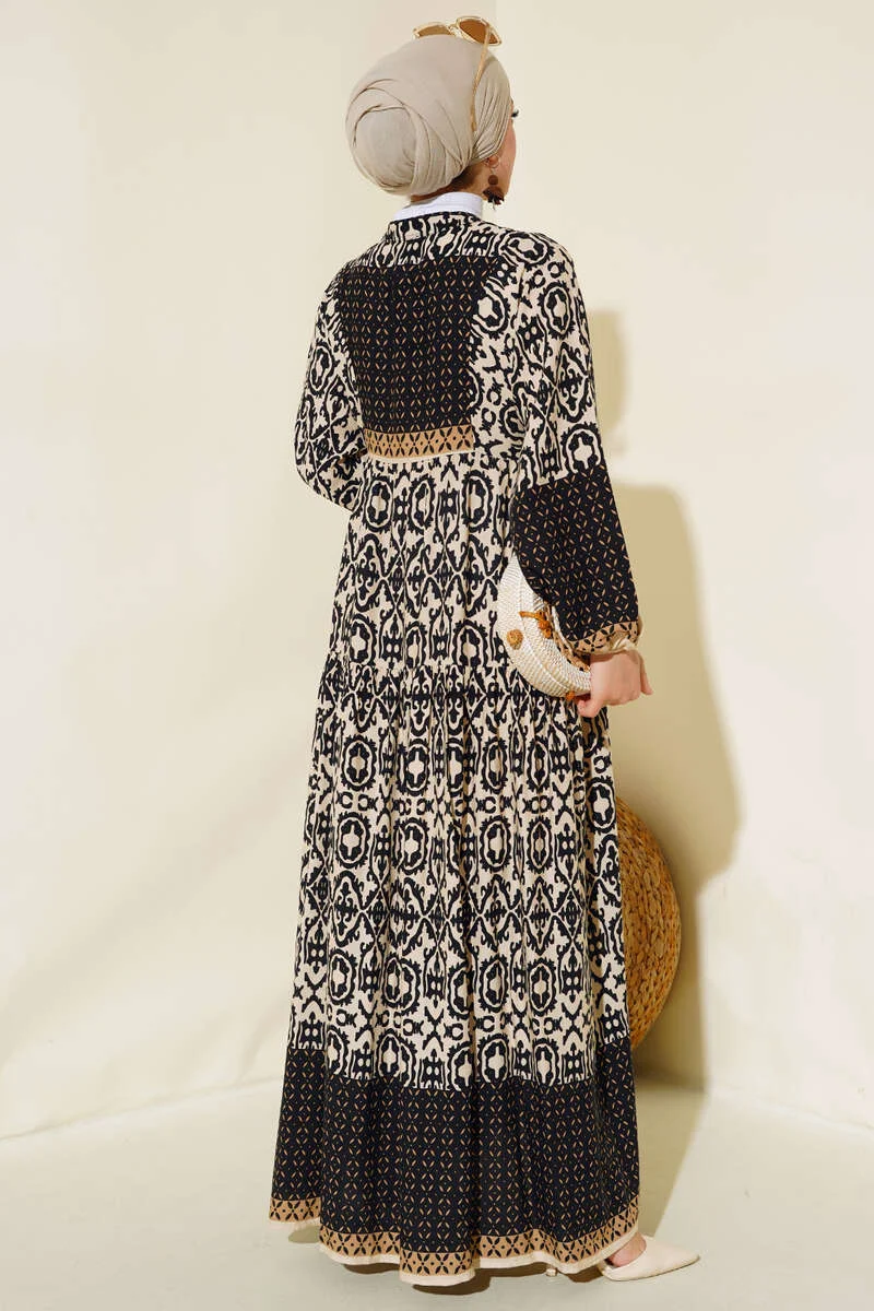 Patterned Half Button Dress Beige - Image 3