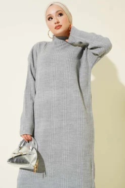 High Neck Ribbed Knit Dress Grey Großhandel dress view 2 - Hicabistan Türkei Fabrik