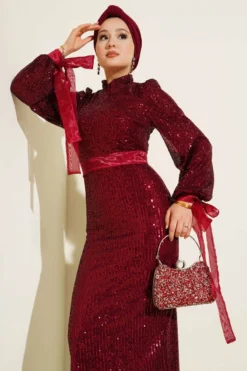 High Neck Belted Sequin Evening Dress Burgundy en gros dress view 2 - Hicabistan usine Turquie