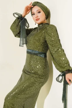 High Neck Belted Sequin Evening Dress Emerald en gros dress view 2 - Hicabistan usine Turquie