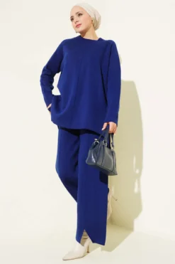 Stitch Detail Basic Knit Two-Piece Set Navy Blue