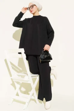 Stitch Detail Basic Knit Two-Piece Set Black