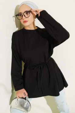 Stitched Detail Double Sleeve Tunic Black