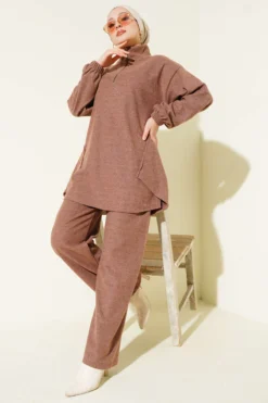 Stitched Half-Zip Coat Set Brown