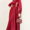 Draped Beaded Satin Evening Dress Burgundy en gros dress view 2 - Hicabistan usine Turquie