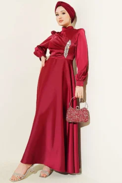 Draped Beaded Satin Evening Dress Burgundy en gros dress view 2 - Hicabistan usine Turquie