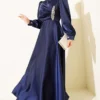 Draped Beaded Satin Evening Dress Navy Blue en gros dress - Hicabistan usine Turquie