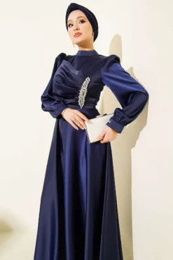 Draped Beaded Satin Evening Dress Navy Blue en gros dress view 2 - Hicabistan usine Turquie