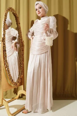 Draped Sleeve Tie Detail Evening Dress Beige groothandel dress - Hicabistan Turkije fabriek