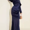Draped Satin Evening Dress Navy Blue