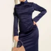 Draped Satin Evening Dress Navy Blue en gros dress view 2 - Hicabistan usine Turquie