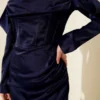 Draped Satin Evening Dress Navy Blue en gros dress view 4 - Hicabistan usine Turquie