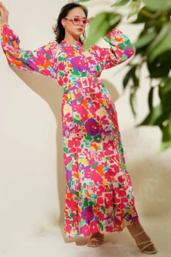 Marbled Pattern Belted Button Dress Fuchsia