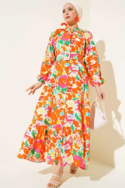 Marbled Pattern Belted Button Dress Orange